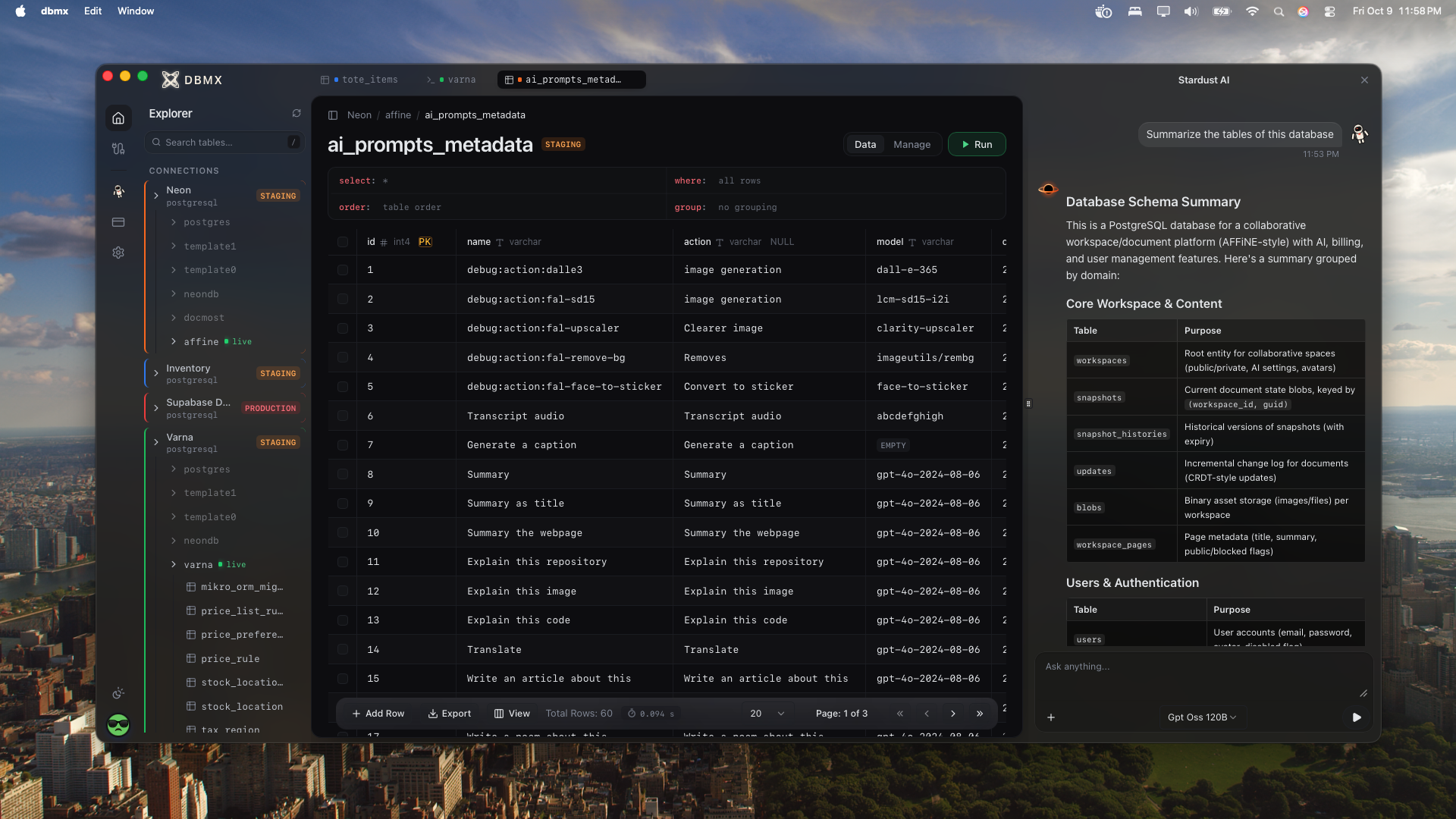DBMX on the macOS desktop, showing a database table in the data grid with Stardust AI summarizing the database schema alongside
